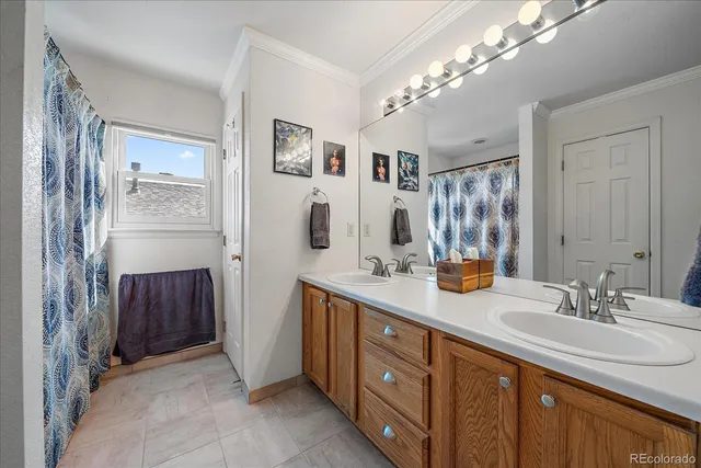 a bathroom with double vanity sink a vanity and a large mirror