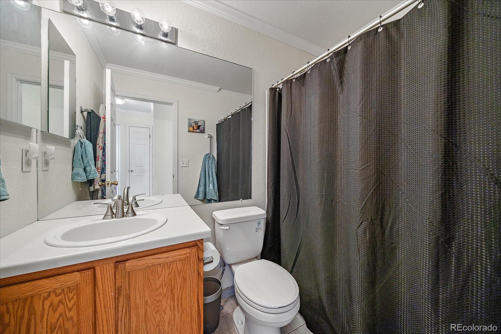 22379 East Dorado Avenue Aurora, CO 80015 - Photo 22 of 30 a bathroom with a sink a toilet a mirror and shower curtain