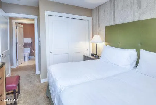 a bedroom with a bed and a view of bathroom