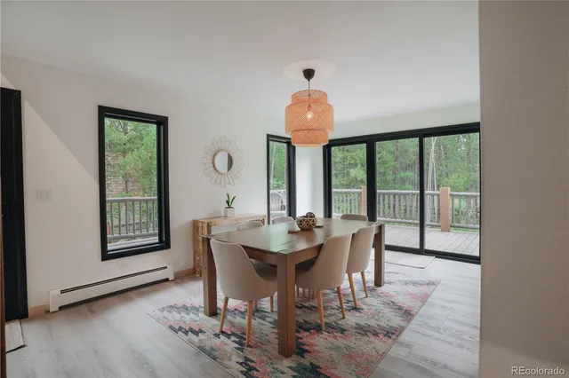 a view of a dining room with furniture window and wooden floor