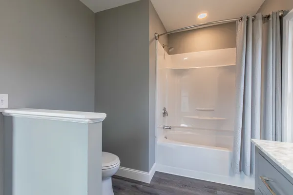 a bathroom with a shower and a toilet