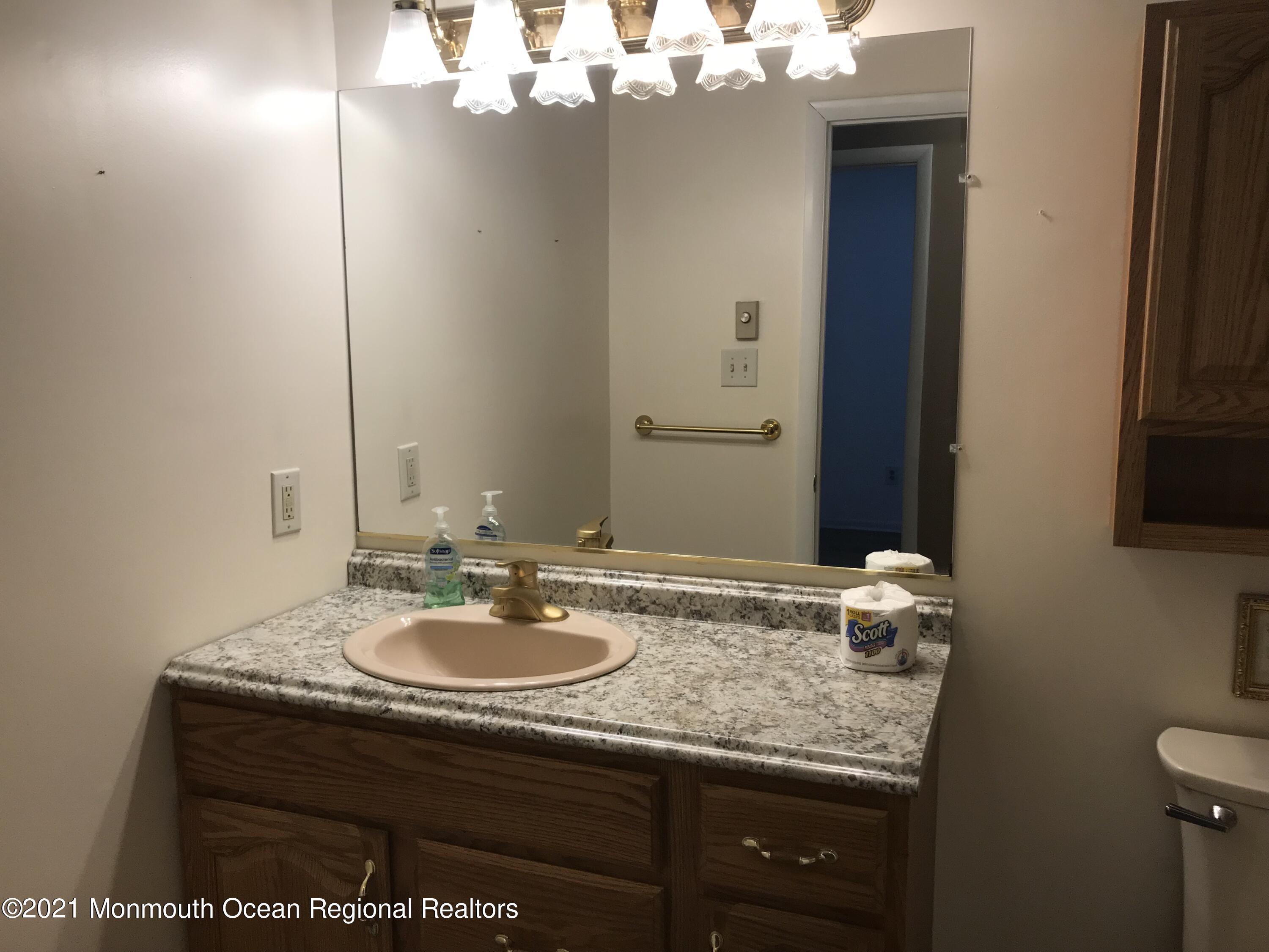 21 Kuzyk Road Cream Ridge, NJ 08514 - Photo 28 of 45 a bathroom with a granite countertop sink a mirror and shower