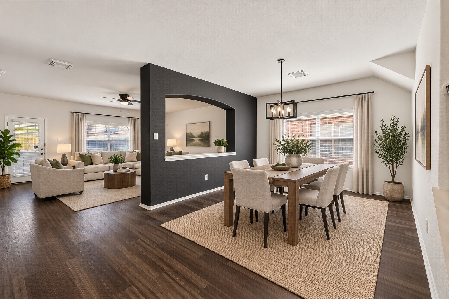 Large dining area that opens into the kitchen and living room
