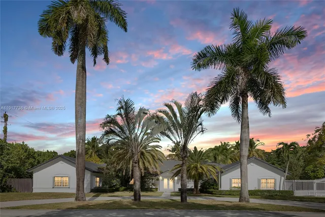 a view of palm trees and sign board