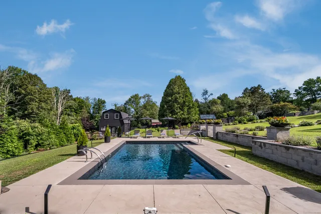 a view of a swimming pool with a lounge chair and couches in the patio