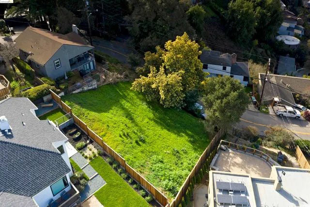 an aerial view of a backyard