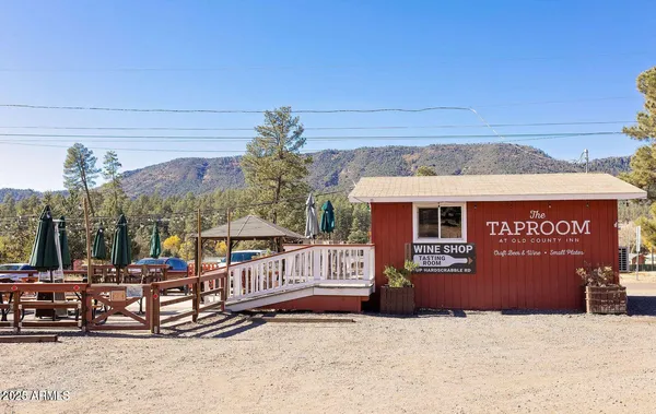 a view of a patio with couches table and chairs under an umbrella with large trees