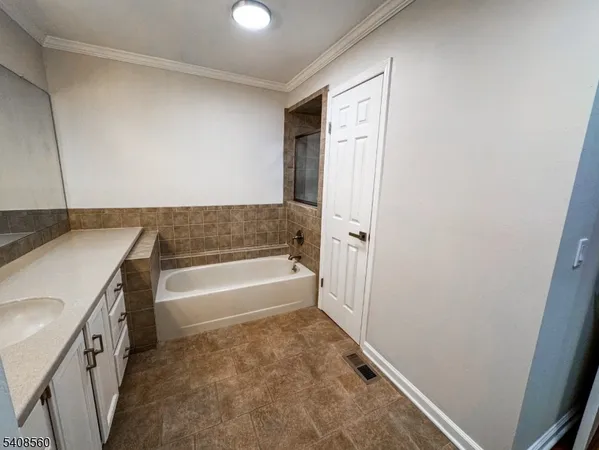 a bathroom with a granite countertop sink and a bathtub