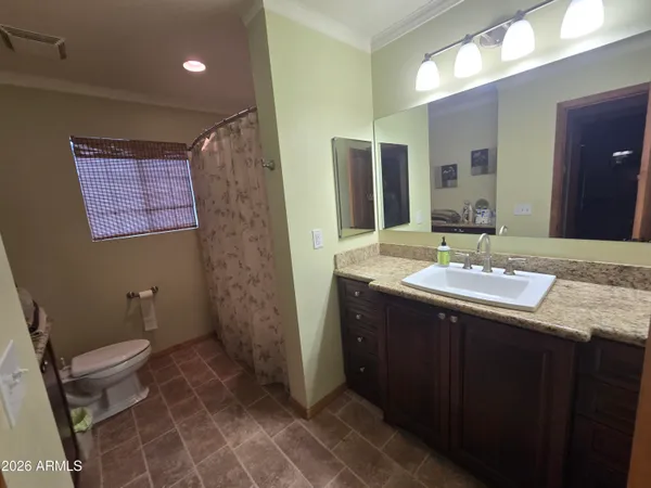 a bathroom with a double vanity sink toilet and a mirror