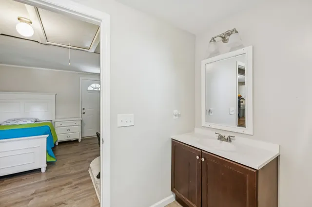 a bathroom with a sink and a mirror