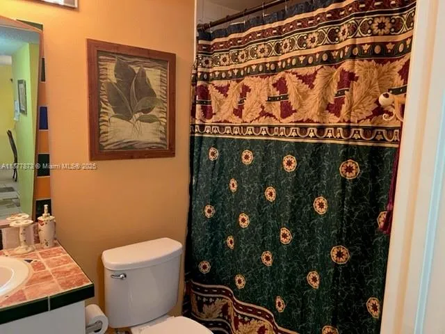 a bathroom with a toilet and shower curtain