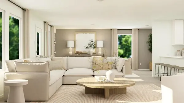 a living room with furniture and a dining table with garden view
