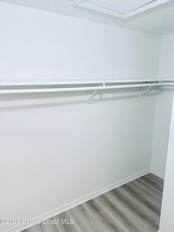 a view of a closet with wooden floor