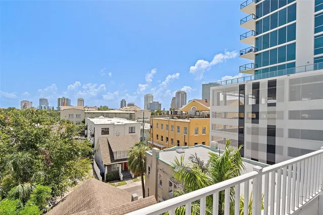 a view of a building from a balcony