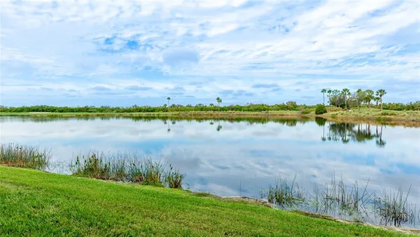 a view of a lake with houses in the back