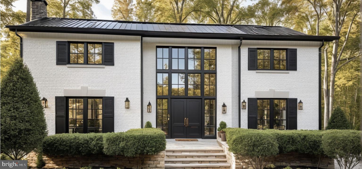 a view of a brick house with large windows
