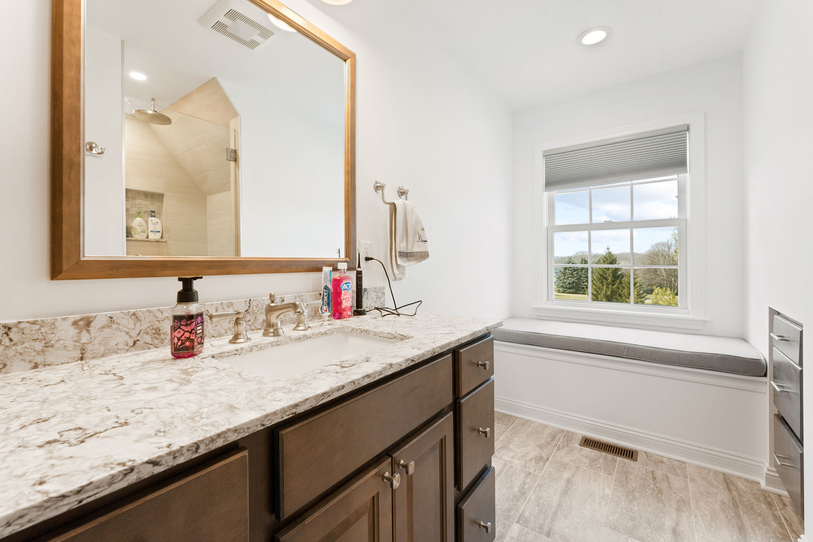5-n098 Maple Court St. Charles, IL 60175 - Photo 25 of 34 a bathroom with a granite countertop sink and a large mirror