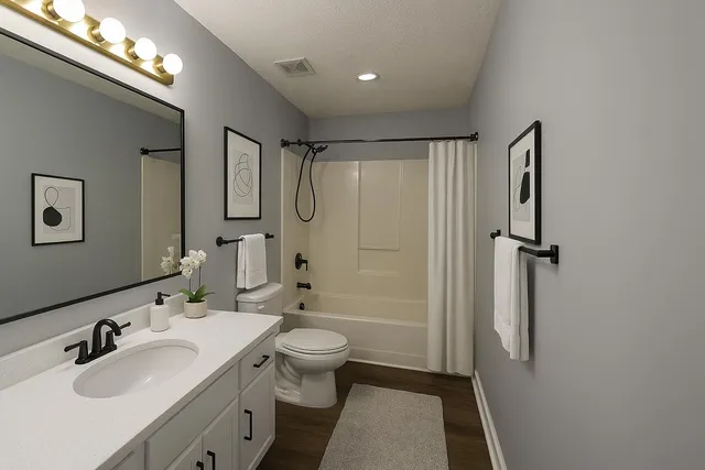 a bathroom with a sink toilet and shower