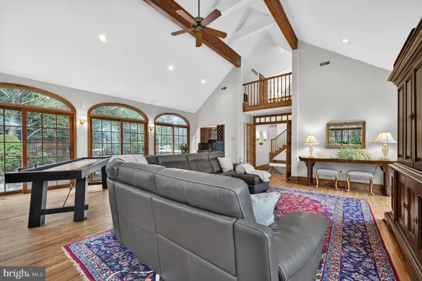 a balcony with seating area