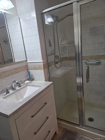 a bathroom with a shower sink and mirror