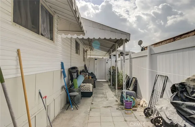 a view of a patio with storage