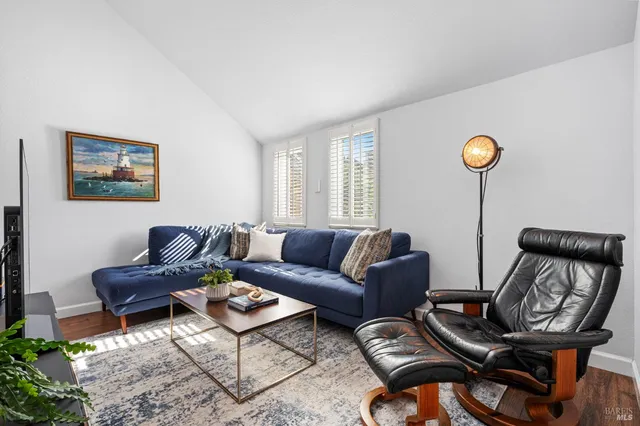 a living room with furniture a rug and a window