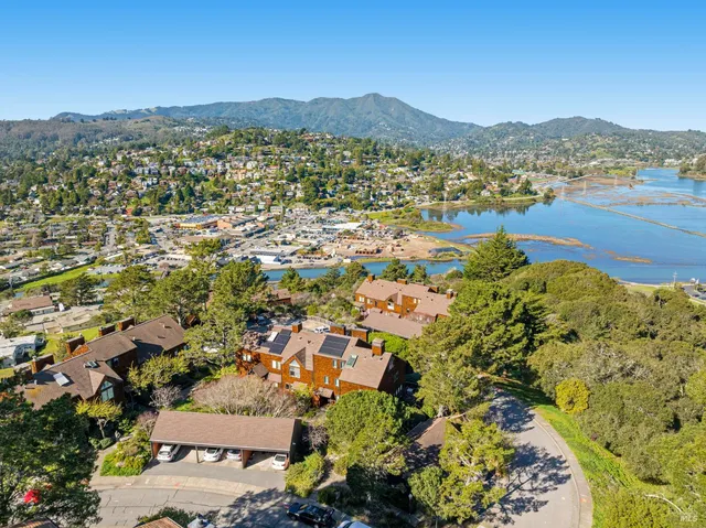 a view of a city with mountains in the background