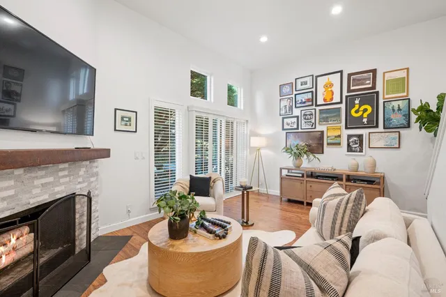 a living room with furniture and a fireplace