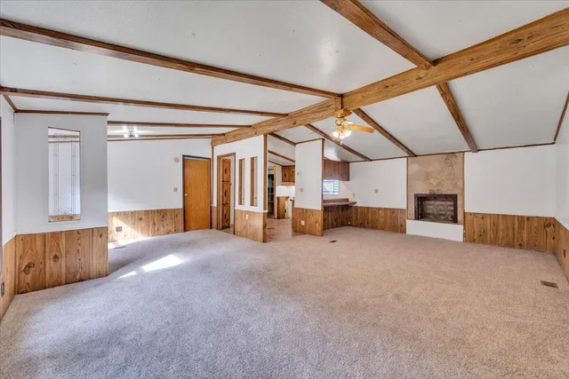 a view of a porch with wooden floor