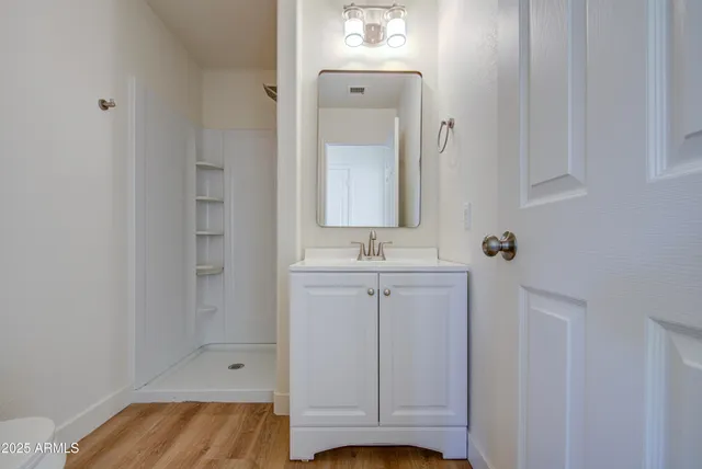 a bathroom with a sink a toilet a shower and a mirror