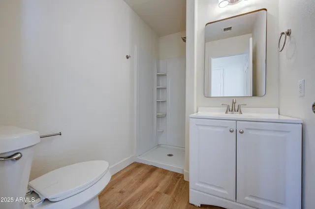 a bathroom with a sink a toilet and shower