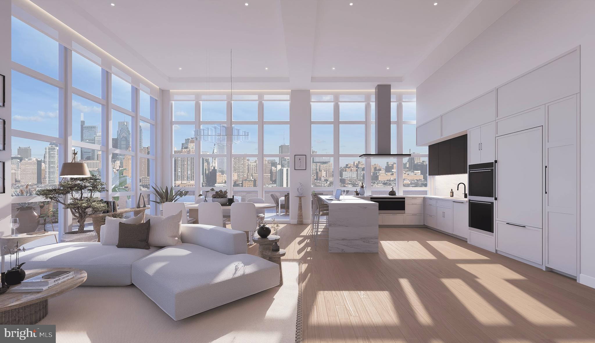 a living room with furniture a large window and a chandelier