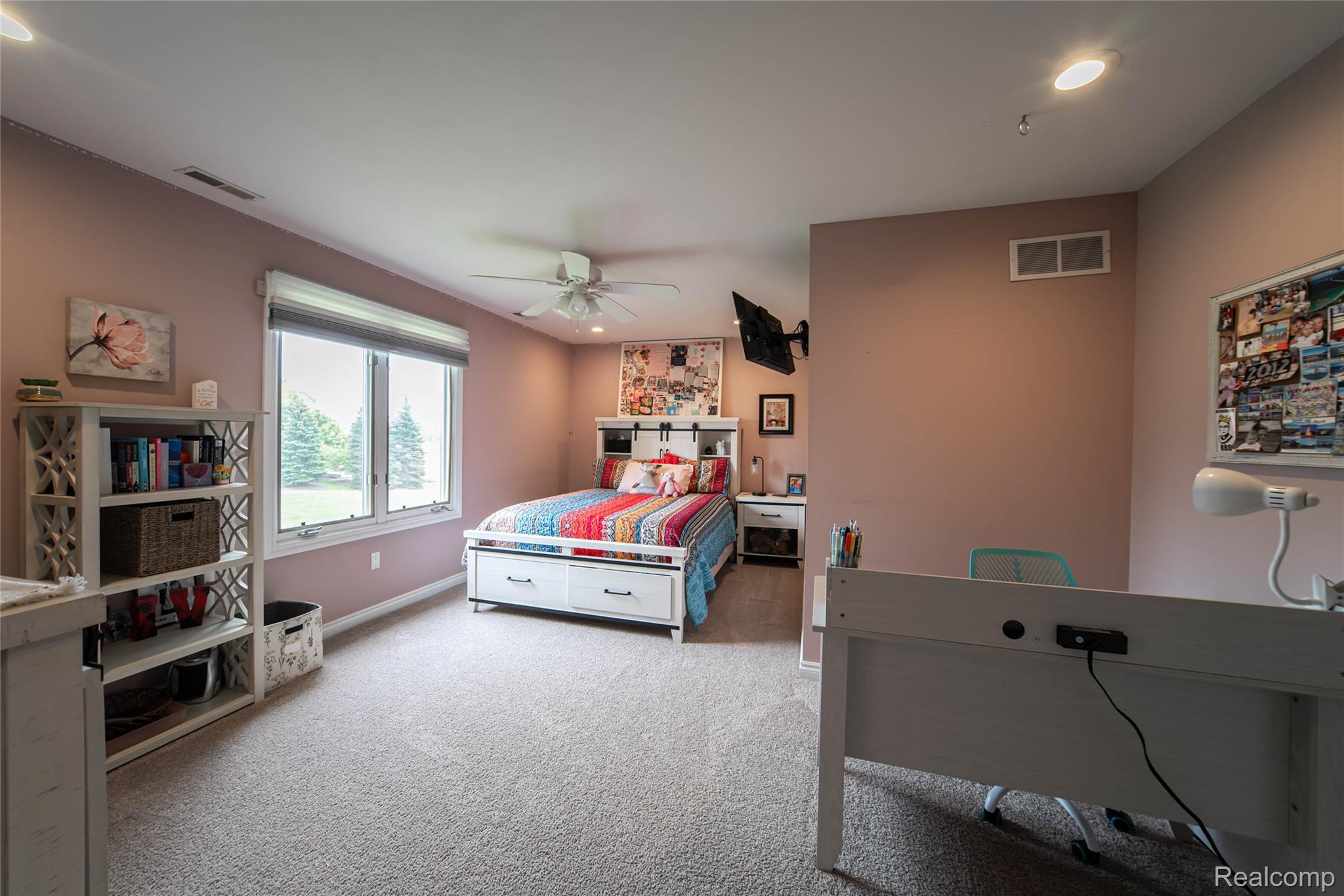 67102 Rachael Lane Washington, MI 48095 - Photo 32 of 37 Bedroom with light colored carpet, ceiling fan, and recessed lighting