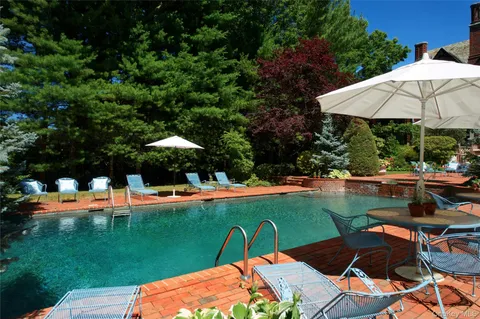 a view of a swimming pool with a table and chairs under an umbrella