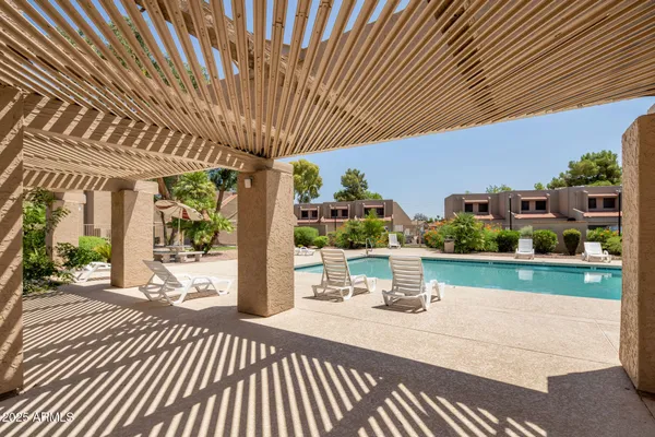 a view of a swimming pool with a garden and plants