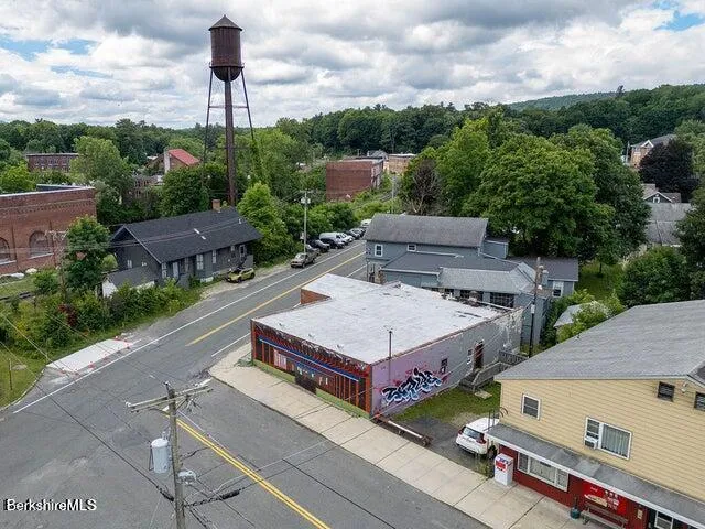 an aerial view of a house with a yard and potted plants