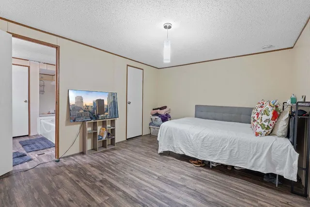 a bedroom with a bed and a view of kitchen