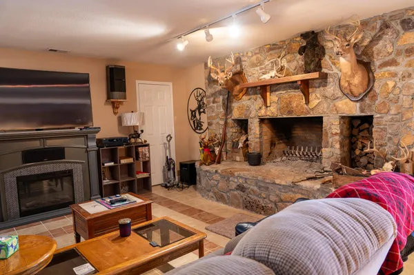 a living room with furniture a flat screen tv and a fireplace