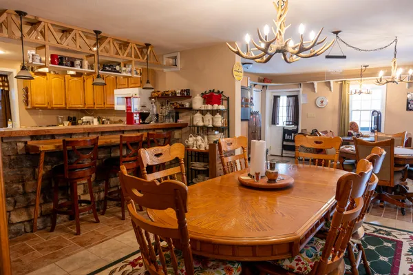 a view of a dining room with furniture