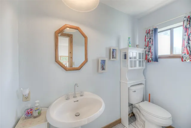 a bathroom with a toilet a sink and a mirror