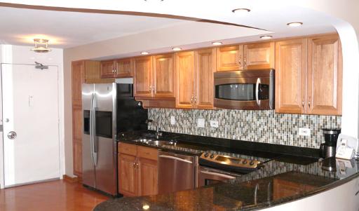 300 North State Street, Unit 2609 Chicago, IL 60654 - Photo 4 of 9 a kitchen with stainless steel appliances granite countertop a refrigerator a stove and a sink with wooden floor