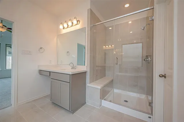 a bathroom with a shower a sink and a mirror