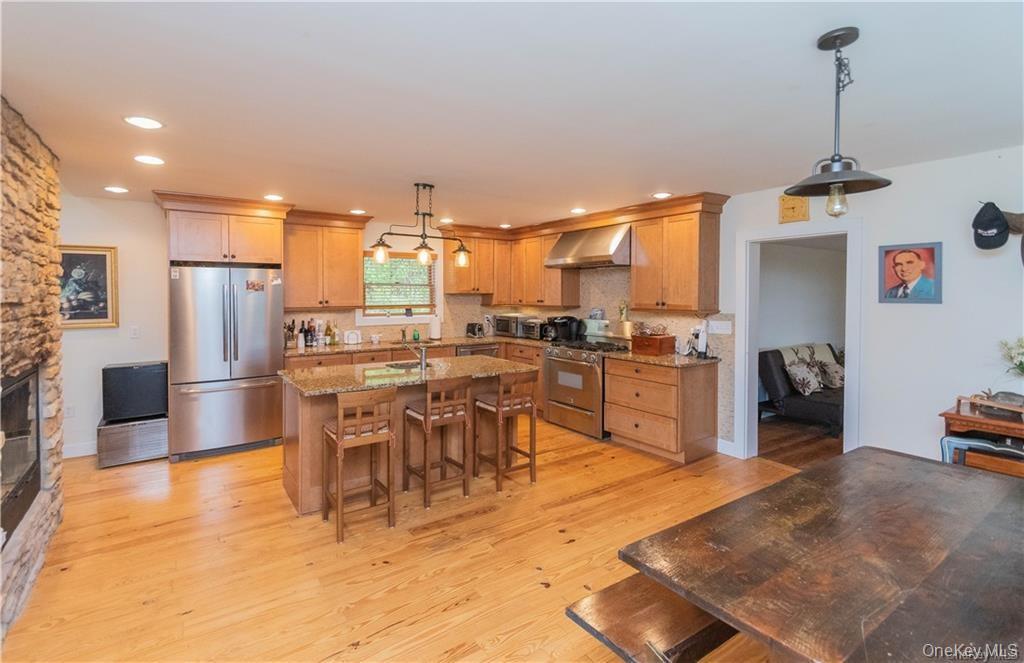 669 Mountain Road Bloomingburg, NY 12721 - Photo 9 of 36 Kitchen with stainless steel appliances, light stone countertops, pendant lighting, light wood-style flooring, and an island with sink