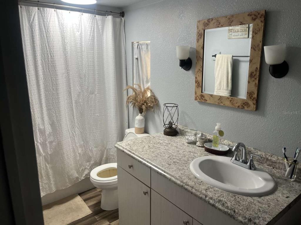 1511 Gaines Road Winter Haven, FL 33880 - Photo 7 of 20 a bathroom with a granite countertop sink toilet and mirror
