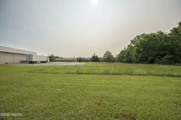 a view of a field with trees in background