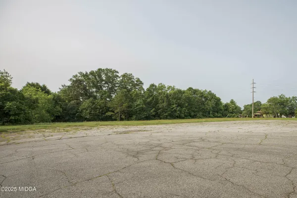 a view of a field and trees in the background