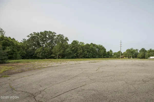 a view of a field with trees in background
