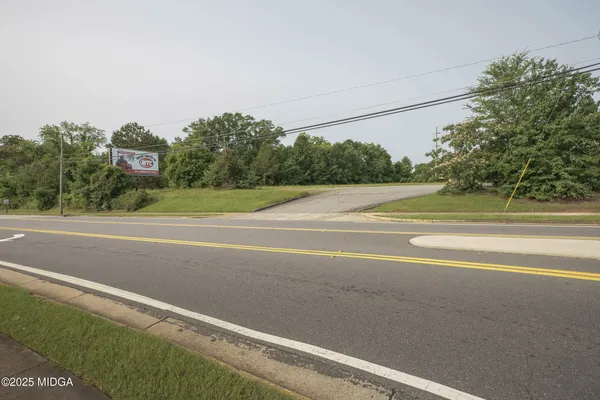 a view of a field with trees in the background