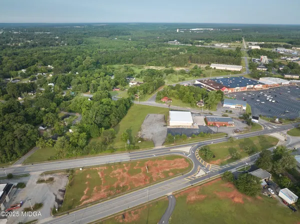 an aerial view of a house with a yard and potted plants