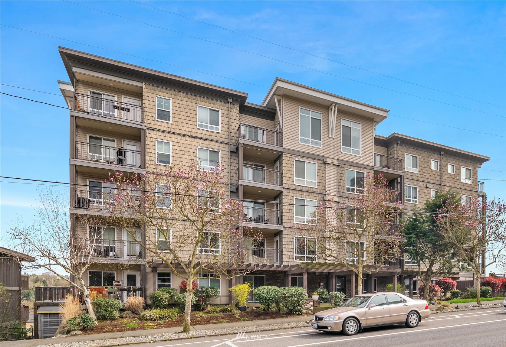 3015 Southwest Avalon Way, Unit 106 Seattle, WA 98126 - Photo 1 of 20 a front view of a building with lot of cars and trees